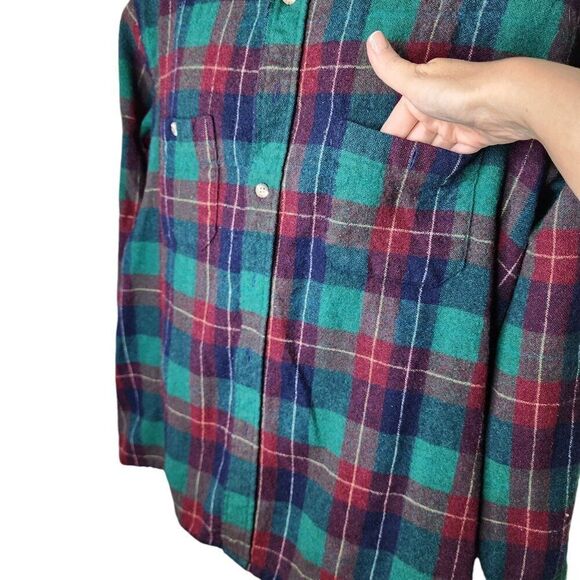 Vintage 80s Wool Plaid Button Up Shirt Mens Size XL Green Shacket - Picture 3 of 8